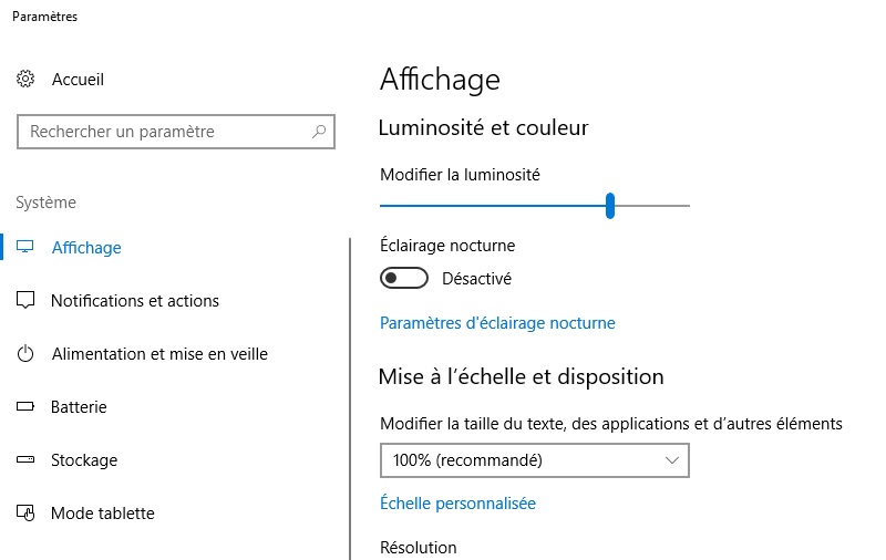 Barre de luminosité Windows