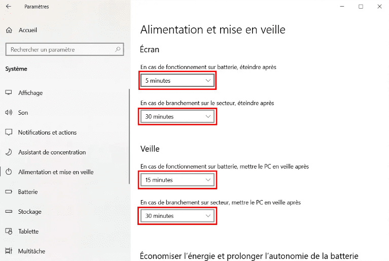 Mise en veille Windows